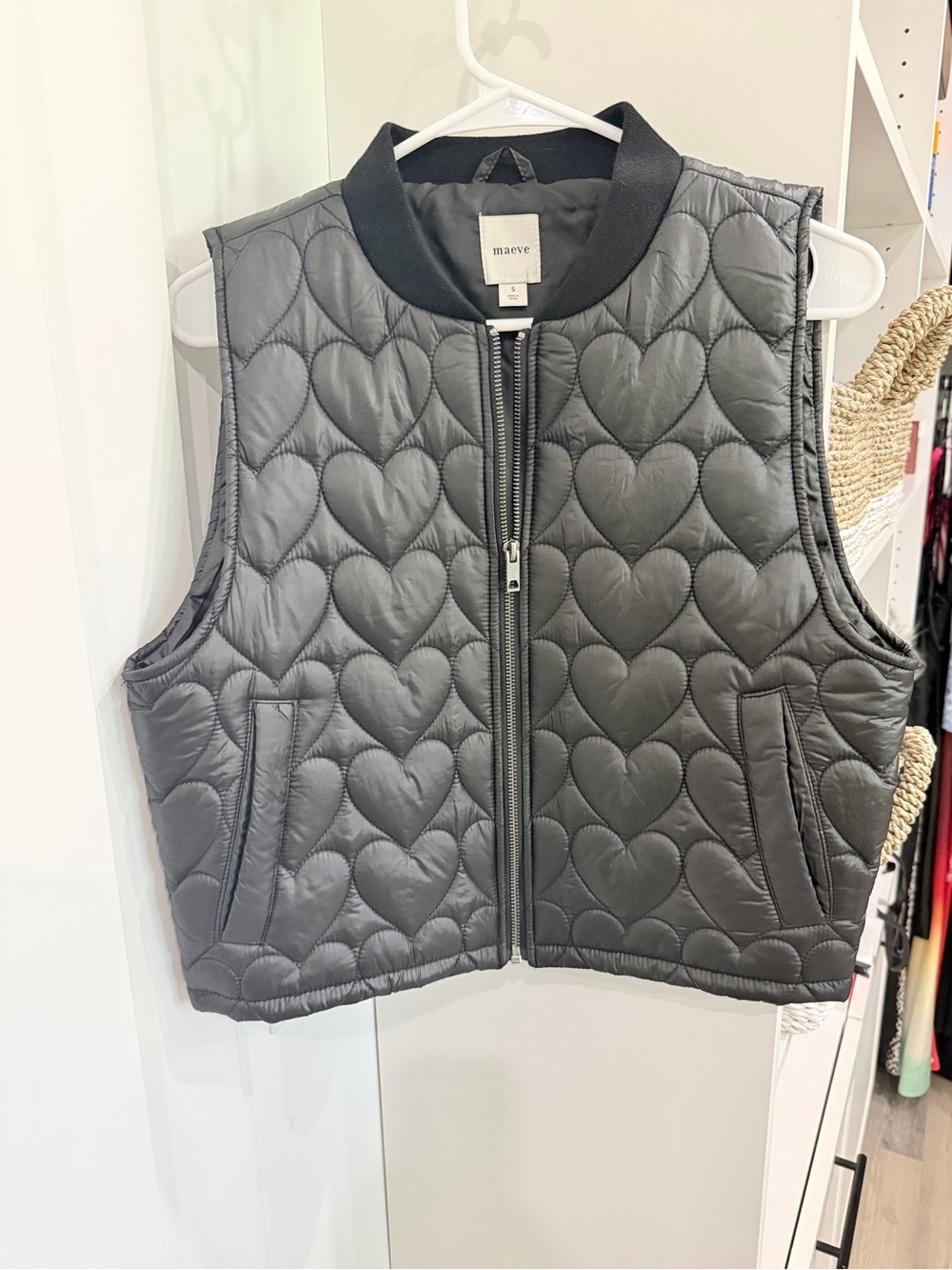 Maeve Black Quilted Heart-Pattern Bomber Vest
